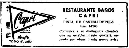 Anuncio del cierre por obras del restaurante-balneario Capri de Gav Mar publicado en el diario La Vanguardia el 19 de Junio de 1963
